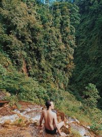 High angle view of shirtless man sitting by stream in forest