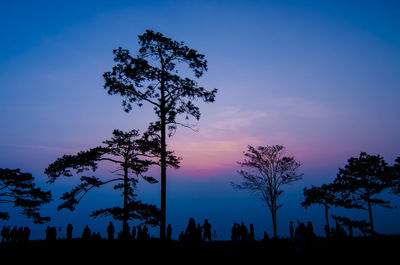 Silhouette trees and people against cloudy blue sky at dusk