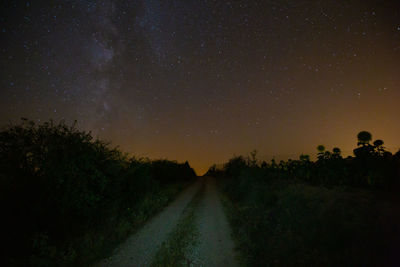 Dirt road amidst field against sky at night