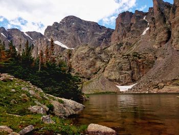 Scenic view of lake and mountains against sky