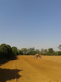 Rear view of man riding tractor on farm against clear sky