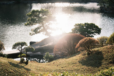Scenic view of lake on sunny day