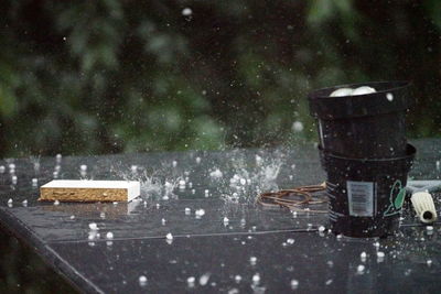 Ice cream on wet table during winter