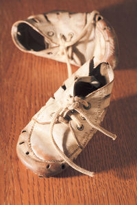 High angle view of shoes on wooden floor