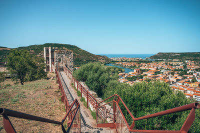 High angle view of townscape against clear sky