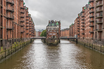 Canal amidst buildings in city against sky