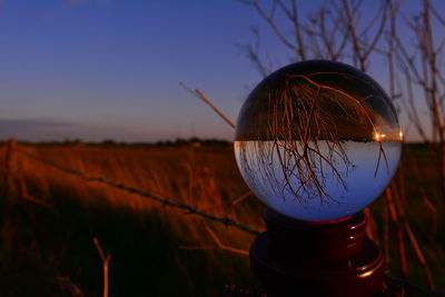 Close-up of illuminated light on field against sky at sunset