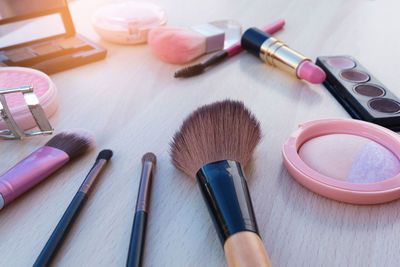 High angle view of beauty products on table