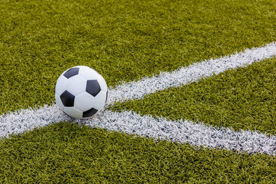 High angle view of soccer ball on field