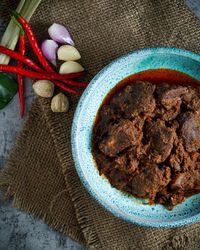 High angle view of meat in bowl