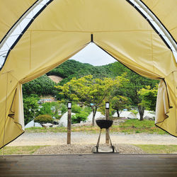 Rear view of woman sitting on tent