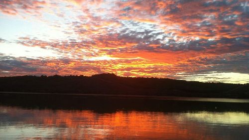 Scenic view of lake against dramatic sky during sunset