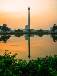 Scenic view of lake against sky during sunset