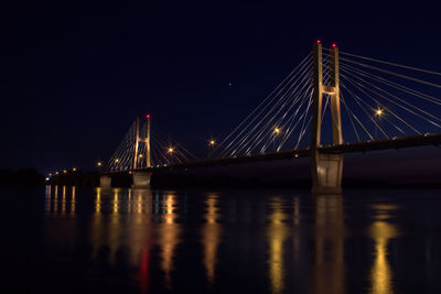 Illuminated suspension bridge over river at night