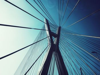 Low angle view of suspension bridge cables against blue sky