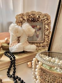 High angle view of wedding rings on table