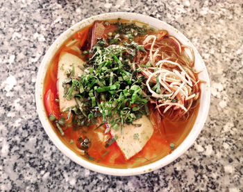 High angle view of soup in bowl