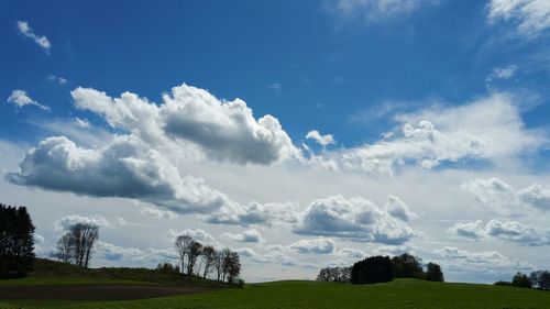 Scenic view of field against blue sky