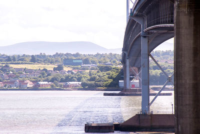 Bridge over river with city in background