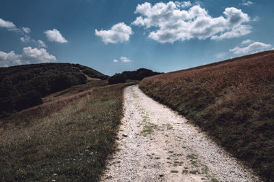 Empty road amidst field against sky