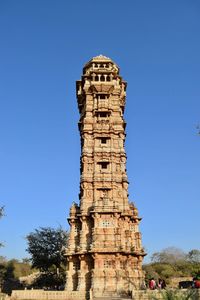 Low angle view of temple against clear blue sky