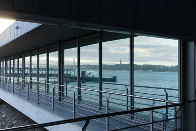 Reflection of tagus river against cloudy sky on sliding door