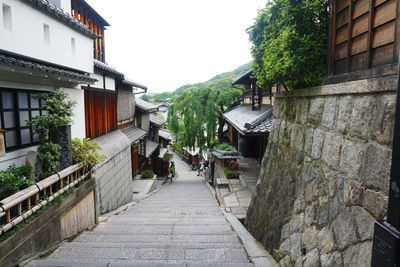 Houses by trees against sky
