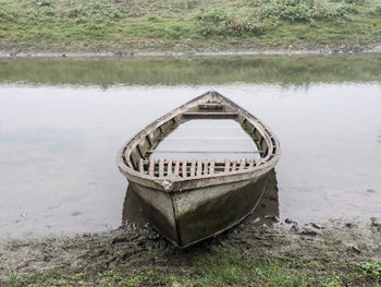 Boat on shore by lake