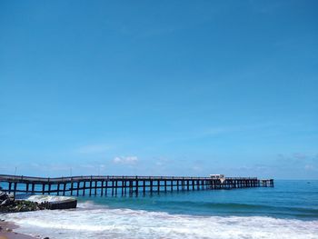 Scenic view of sea against clear blue sky, valiyathura sea bridge, thiruvananthapuram