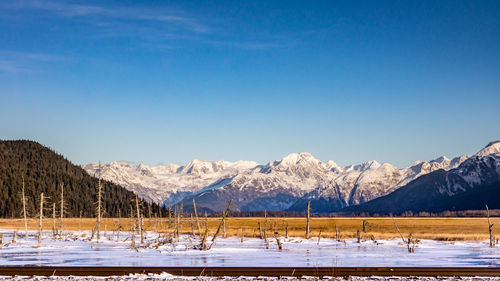 Scenic view of snowcapped mountains against blue sky