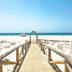 Pier on beach against clear sky