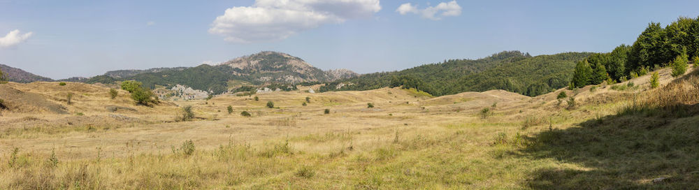 Scenic view of field and mountains against sky