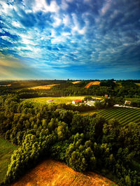 High angle view of field against sky
