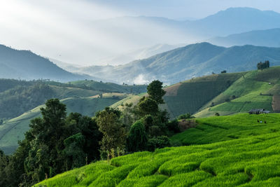 Scenic view of landscape and mountains against sky