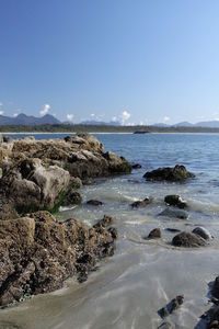 Scenic view of sea against clear blue sky
