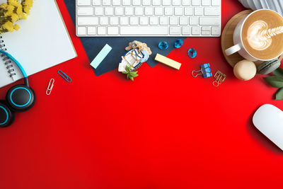 High angle view of coffee cup on table