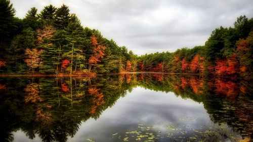 Reflection of trees in lake against sky during autumn