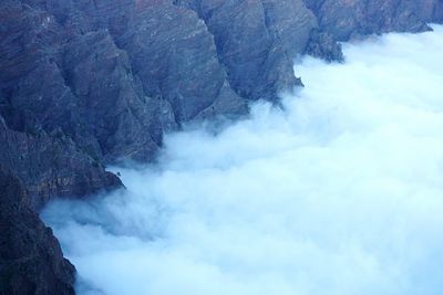 High angle view of lake amidst mountains