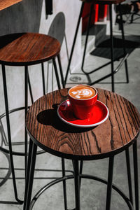 High angle view of coffee latte on table at cafe