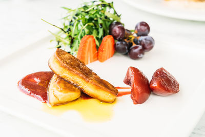 High angle view of food in plate on table