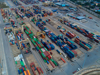 High angle view of cars at harbor in city