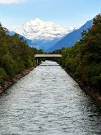 Scenic view of mountains over river against sky