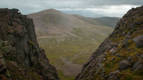 Scenic view of mountains against cloudy sky