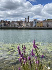 Scenic view of river by buildings against sky