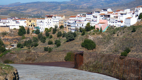 High angle view of buildings in town