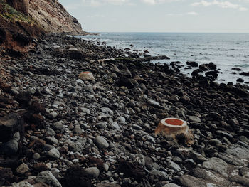 Rocks on beach against sky