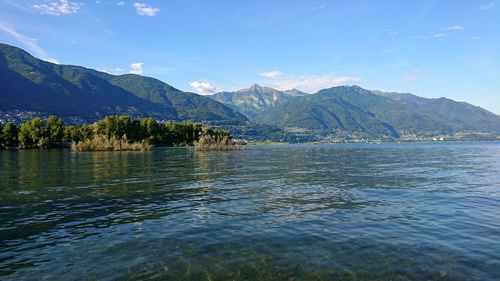 Scenic view of lake by mountains against sky