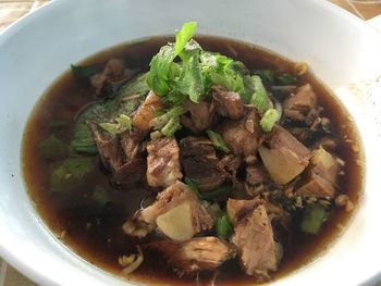 High angle view of soup in bowl