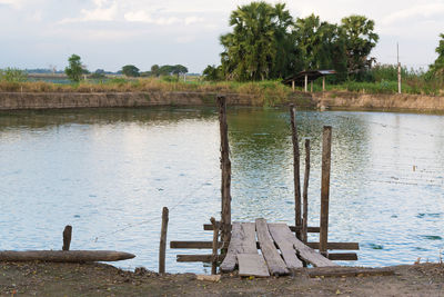 Wooden posts on beach against sky