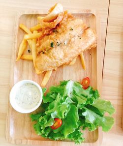 High angle view of meal served on table